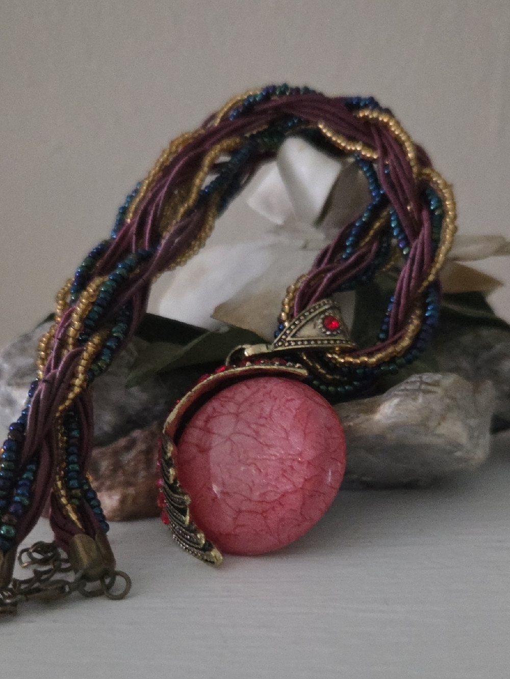 NWOT Braided Necklace With Pink Pendant.